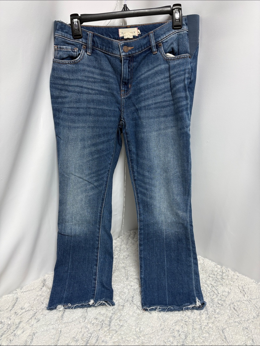 Hatch Women's Dark Blue Cropped Flare Jeans raw hem 27